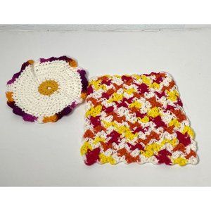 Handmade Square Crochet Washcloth Dish Washing Scrubbies Knit Orange Yellow